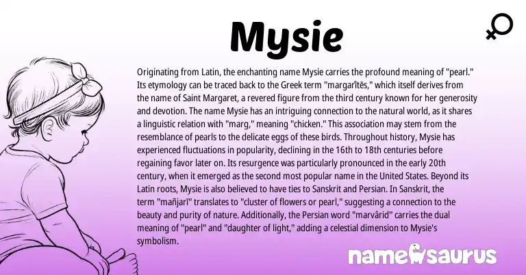 Infographic about Mysie name meaning, Mysie is a name from United States, Persian, Latin, Greek, Sanskrit origin(s).
