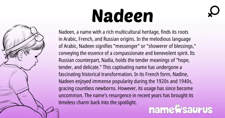Infographic about Nadeen name meaning, Nadeen is a name from Russian, French, Arabic origin(s).