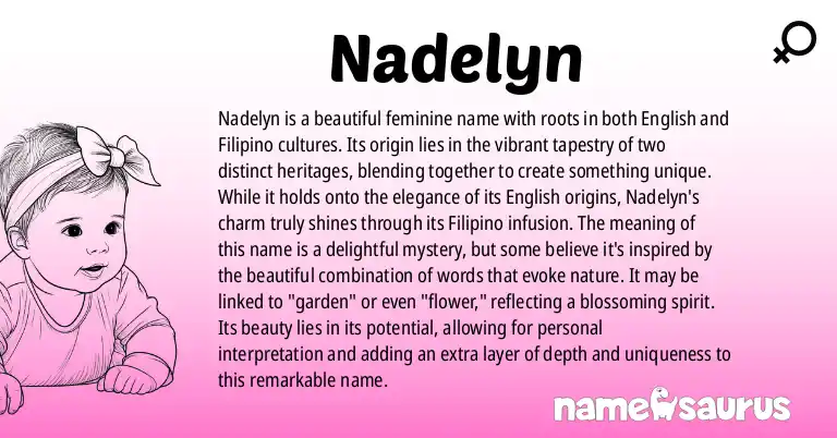 Infographic about Nadelyn name meaning, Nadelyn is a name from English, Filipino origin(s).