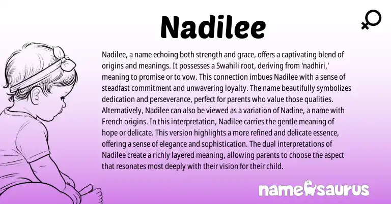 Infographic about Nadilee name meaning, Nadilee is a name from Swahili origin(s).