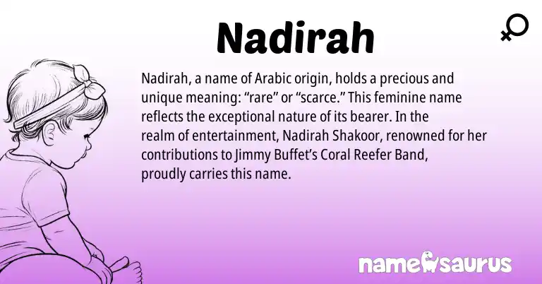 Infographic about Nadirah name meaning, Nadirah is a name from Arabic origin(s).