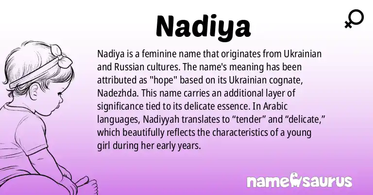 Infographic about Nadiya name meaning, Nadiya is a name from Ukrainian, Russian origin(s).