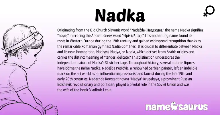Infographic about Nadka name meaning, Nadka is a name from Ancient Greek, Slavic, Russian, Arabic, Soviet, Romanian, Serbian origin(s).