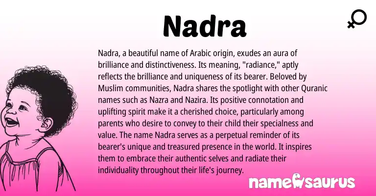 Infographic about Nadra name meaning, Nadra is a name from Arabic, Muslim, Quranic origin(s).
