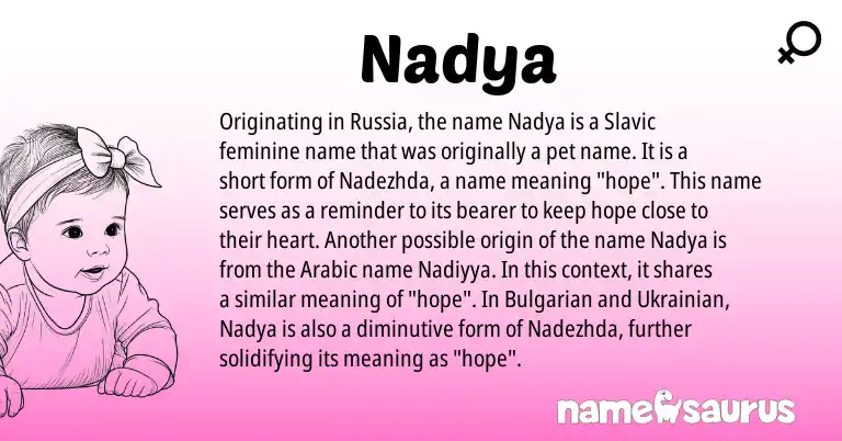 Infographic about Nadya name meaning, Nadya is a name from Ukrainian, Slavic, Arabic, Bulgarian origin(s).