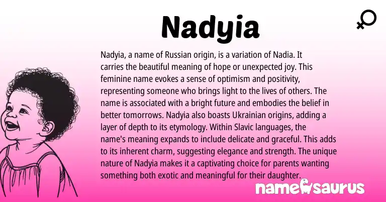 Infographic about Nadyia name meaning, Nadyia is a name from Russian origin(s).