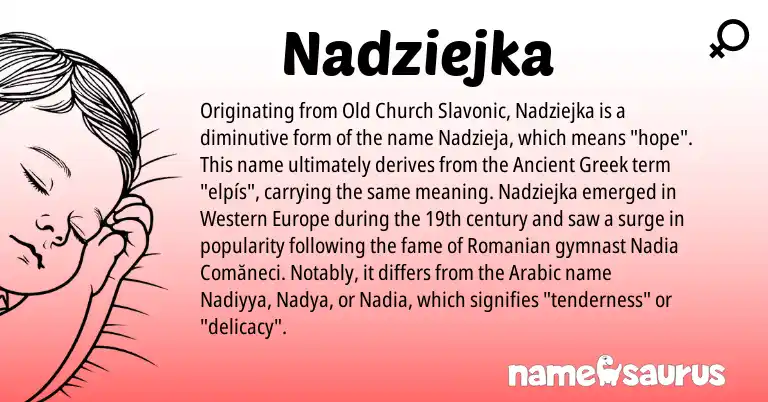 Infographic about Nadziejka name meaning, Nadziejka is a name from Romanian, Ancient Greek, Arabic origin(s).