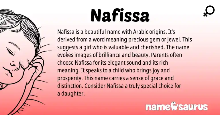 Infographic about Nafissa name meaning, Nafissa is a name from Arabic origin(s).
