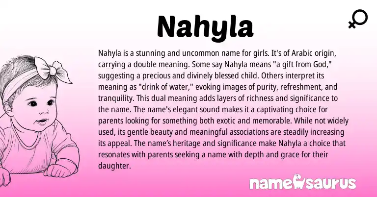 Infographic about Nahyla name meaning, Nahyla is a name from Arabic origin(s).