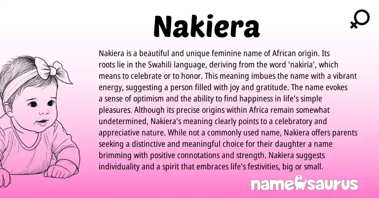 Infographic about Nakiera name meaning, Nakiera is a name from African, Swahili origin(s).