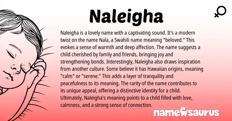 Infographic about Naleigha name meaning, Naleigha is a name from Swahili origin(s).