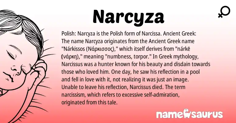 Infographic about Narcyza name meaning, Narcyza is a name from Polish, Ancient Greek, Greek origin(s).