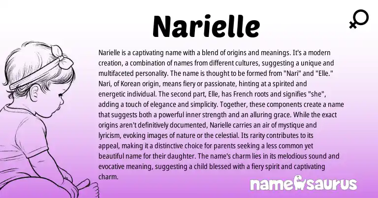 Infographic about Narielle name meaning, Narielle is a name from Korean, French origin(s).