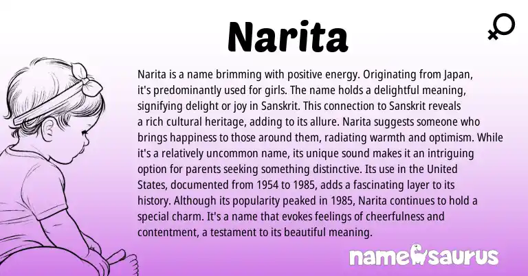 Infographic about Narita name meaning, Narita is a name from Sanskrit, Japanese origin(s).