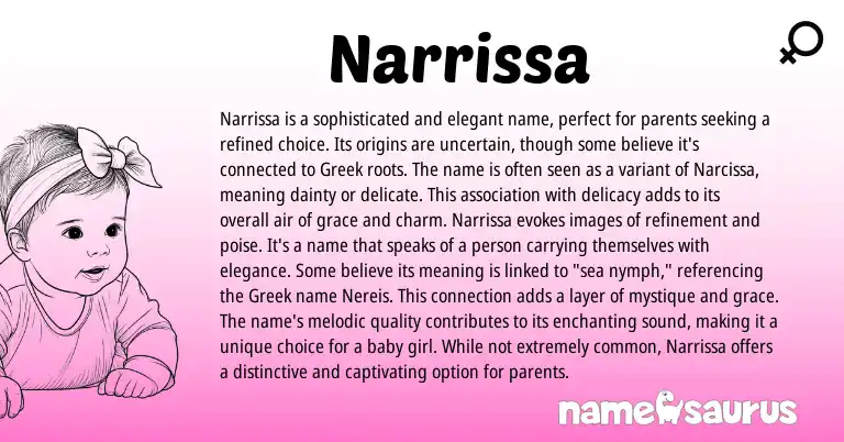 Infographic about Narrissa name meaning, Narrissa is a name from English origin(s).