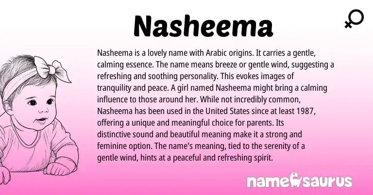 Infographic about Nasheema name meaning, Nasheema is a name from Arabic origin(s).