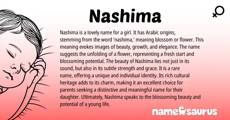 Infographic about Nashima name meaning, Nashima is a name from Arabic origin(s).