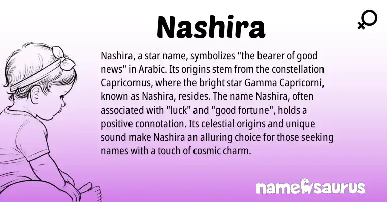 Infographic about Nashira name meaning, Nashira is a name from Arabic origin(s).