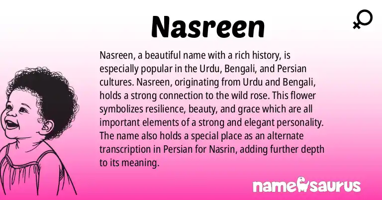 Infographic about Nasreen name meaning, Nasreen is a name from Urdu, Bengali, Persian origin(s).