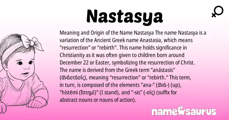 Infographic about Nastasya name meaning, Nastasya is a name from Ancient Greek, Christianity, Greek origin(s).