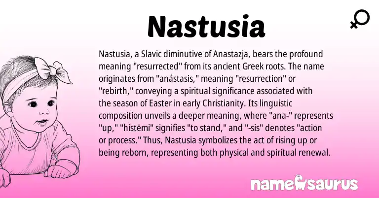Infographic about Nastusia name meaning, Nastusia is a name from Slavic, Christianity, Greek origin(s).