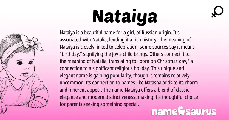 Infographic about Nataiya name meaning, Nataiya is a name from Russian, American origin(s).