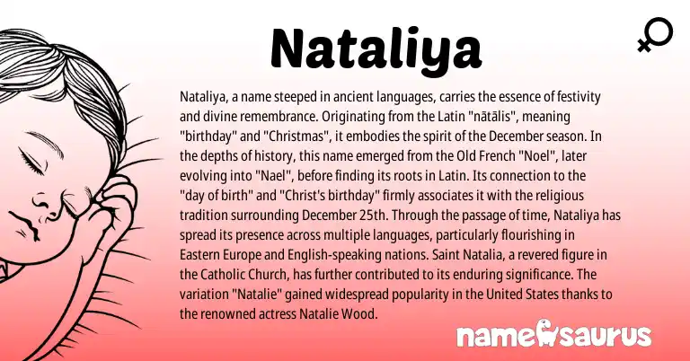 Infographic about Nataliya name meaning, Nataliya is a name from English, Latin, Old French, United States origin(s).