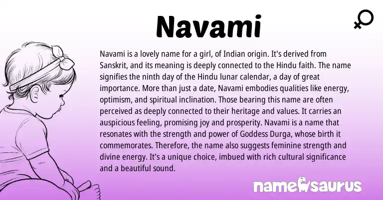 Infographic about Navami name meaning, Navami is a name from Hindu, Indian, Sanskrit origin(s).