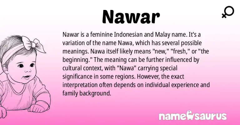 Infographic about Nawar name meaning, Nawar is a name from Indonesian, Malay origin(s).