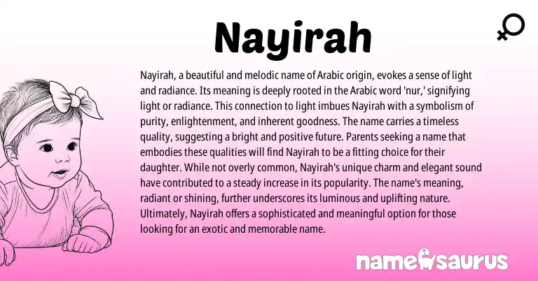 Infographic about Nayirah name meaning, Nayirah is a name from Arabic origin(s).