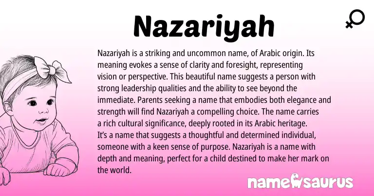 Infographic about Nazariyah name meaning, Nazariyah is a name from Arabic origin(s).