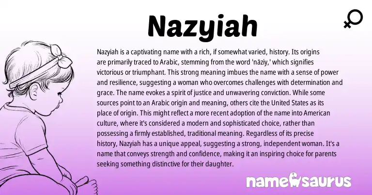 Infographic about Nazyiah name meaning, Nazyiah is a name from Arabic origin(s).