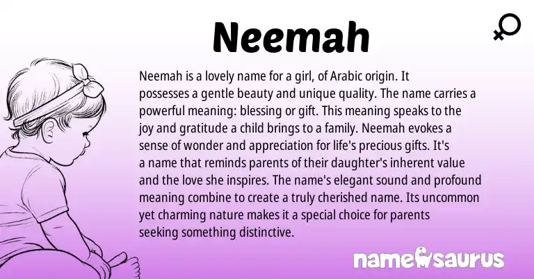Infographic about Neemah name meaning, Neemah is a name from Arabic origin(s).
