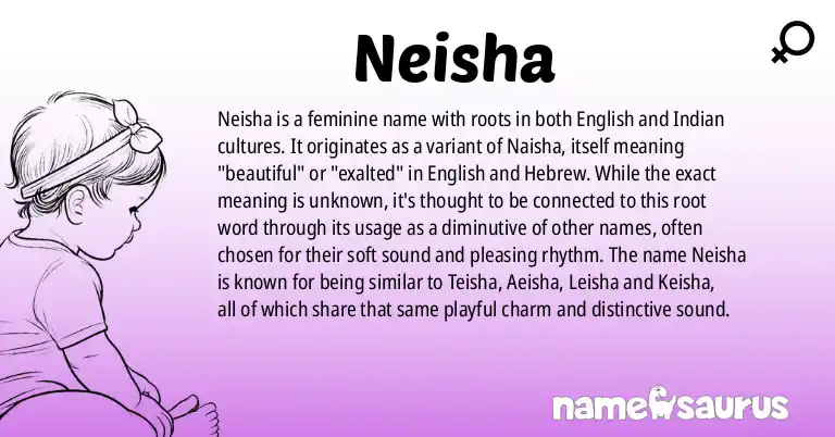 Infographic about Neisha name meaning, Neisha is a name from English, Indian origin(s).