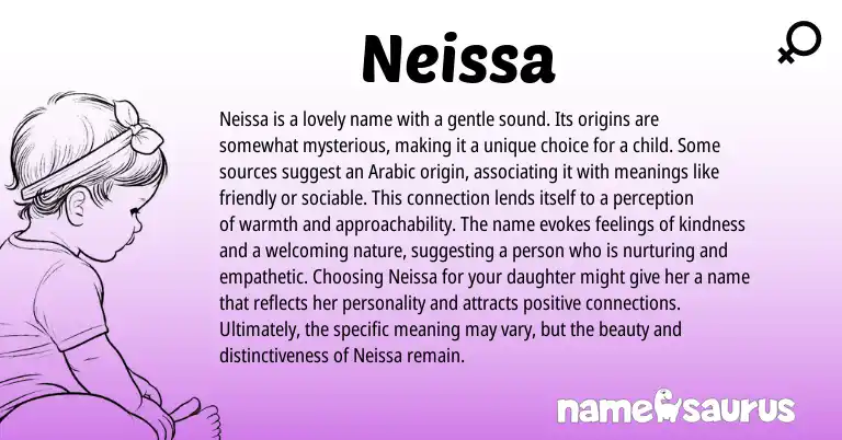 Infographic about Neissa name meaning, Neissa is a name from Arabic, American origin(s).
