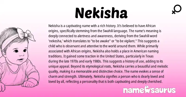 Infographic about Nekisha name meaning, Nekisha is a name from Norse, African, Swahili origin(s).