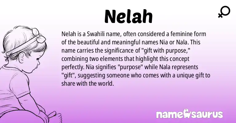 Infographic about Nelah name meaning, Nelah is a name from Swahili origin(s).