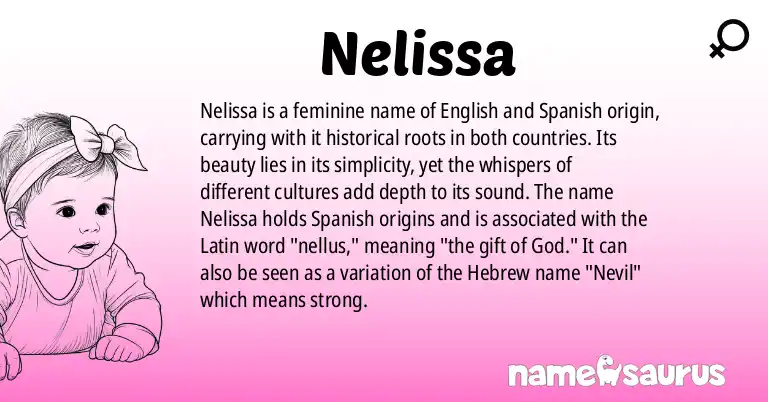 Infographic about Nelissa name meaning, Nelissa is a name from English, Spanish (Latin American) origin(s).