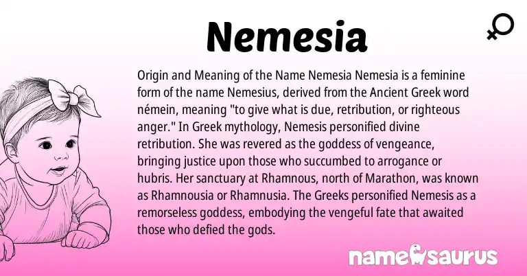 Infographic about Nemesia name meaning, Nemesia is a name from Ancient Greek, Greek origin(s).