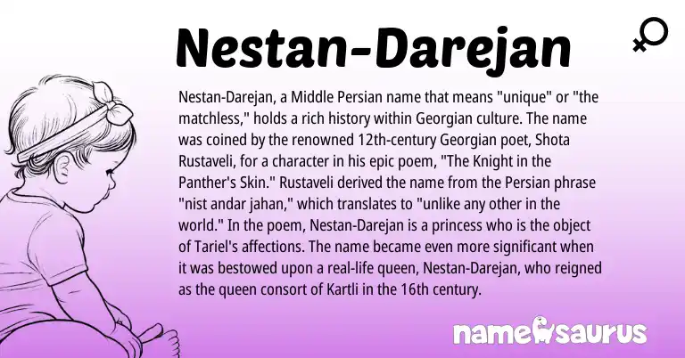 Infographic about Nestan-Darejan name meaning, Nestan-Darejan is a name from Georgian, Persian, Middle Persian origin(s).