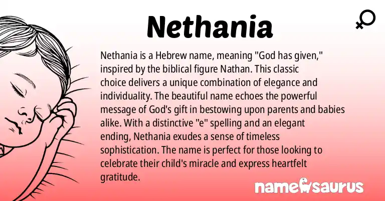 Infographic about Nethania name meaning, Nethania is a name from Hebrew origin(s).