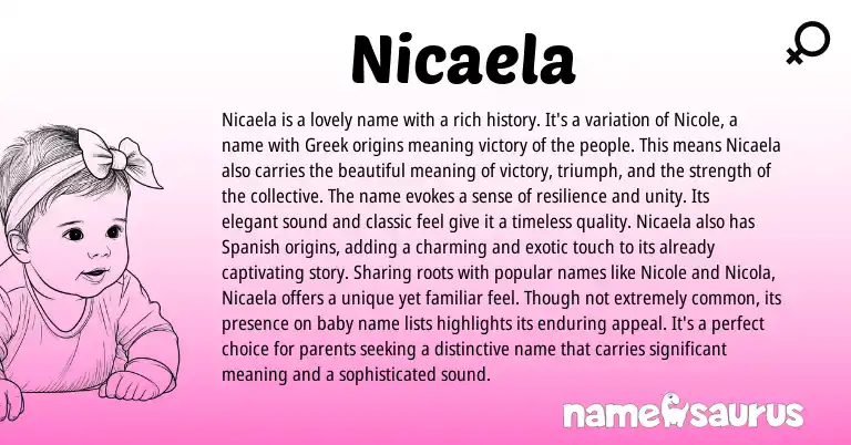 Infographic about Nicaela name meaning, Nicaela is a name from Greek, Irish origin(s).