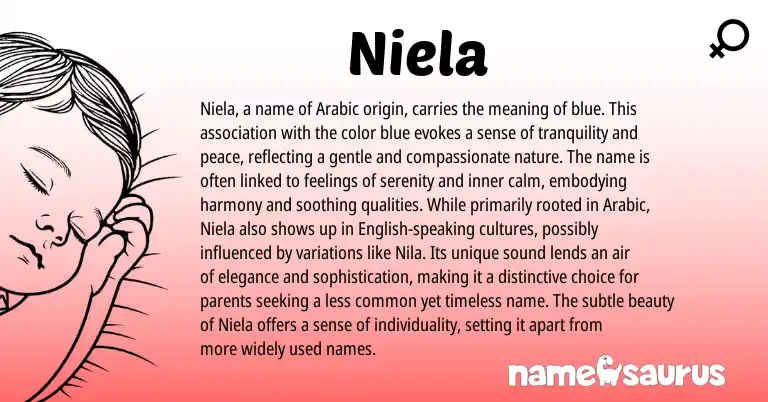 Infographic about Niela name meaning, Niela is a name from Arabic origin(s).