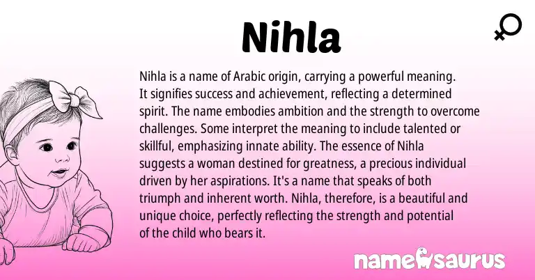 Infographic about Nihla name meaning, Nihla is a name from Indian, Arabic origin(s).