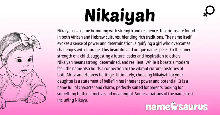 Infographic about Nikaiyah name meaning, Nikaiyah is a name from African, Hebrew origin(s).