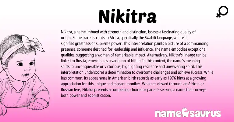 Infographic about Nikitra name meaning, Nikitra is a name from African, Swahili origin(s).