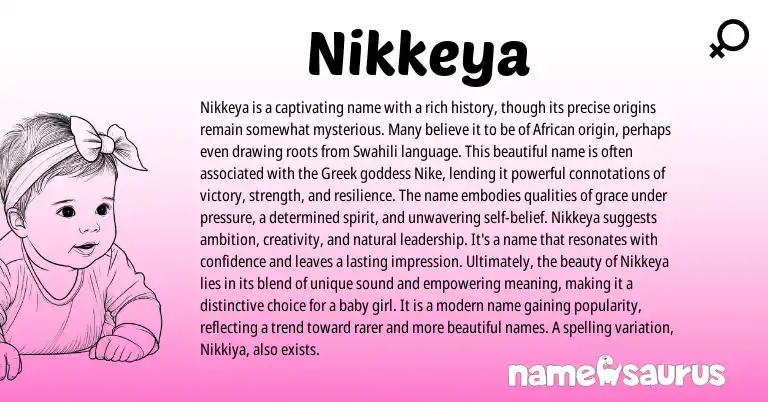 Infographic about Nikkeya name meaning, Nikkeya is a name from Greek, African origin(s).