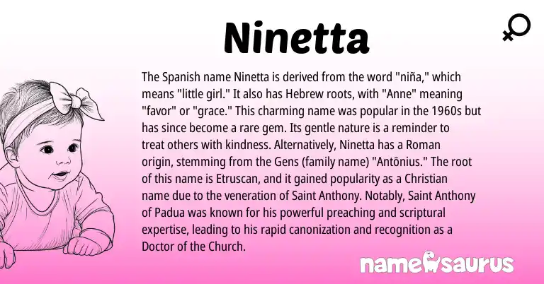 Infographic about Ninetta name meaning, Ninetta is a name from Etruscan, Spanish, Roman, Hebrew origin(s).