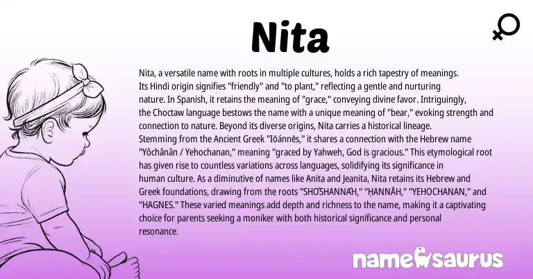 Infographic about Nita name meaning, Nita is a name from Ancient Greek, Choctaw, Spanish, Hindi, Greek, Hebrew origin(s).