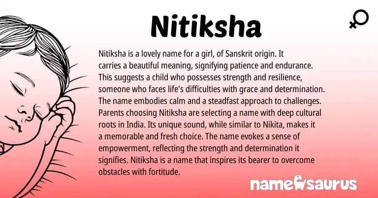 Infographic about Nitiksha name meaning, Nitiksha is a name from Sanskrit, Hindi origin(s).